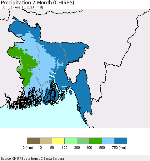 Bangladesh Precipitation 2-Month (CHIRPS) Thematic Map For 6/11/2023 - 8/10/2023