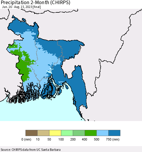 Bangladesh Precipitation 2-Month (CHIRPS) Thematic Map For 6/16/2023 - 8/15/2023