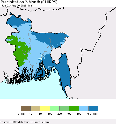 Bangladesh Precipitation 2-Month (CHIRPS) Thematic Map For 6/21/2023 - 8/20/2023