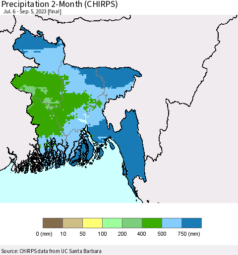 Bangladesh Precipitation 2-Month (CHIRPS) Thematic Map For 7/6/2023 - 9/5/2023