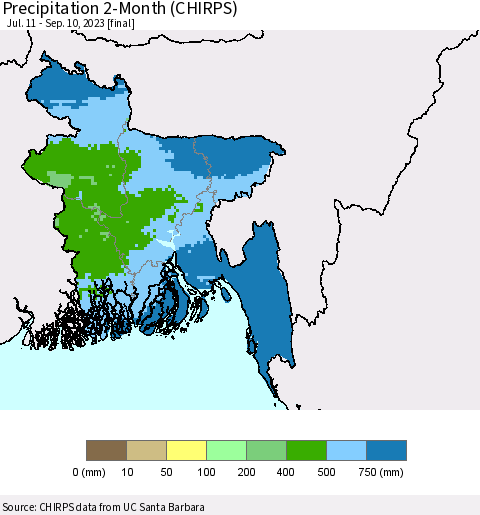 Bangladesh Precipitation 2-Month (CHIRPS) Thematic Map For 7/11/2023 - 9/10/2023