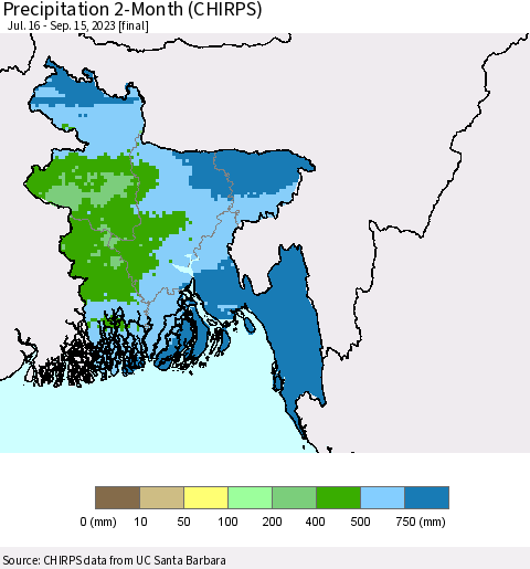 Bangladesh Precipitation 2-Month (CHIRPS) Thematic Map For 7/16/2023 - 9/15/2023