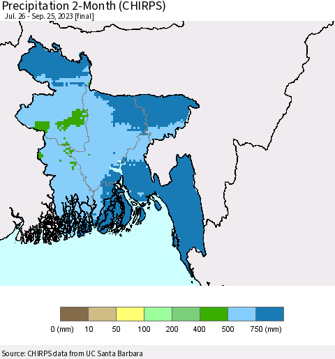 Bangladesh Precipitation 2-Month (CHIRPS) Thematic Map For 7/26/2023 - 9/25/2023