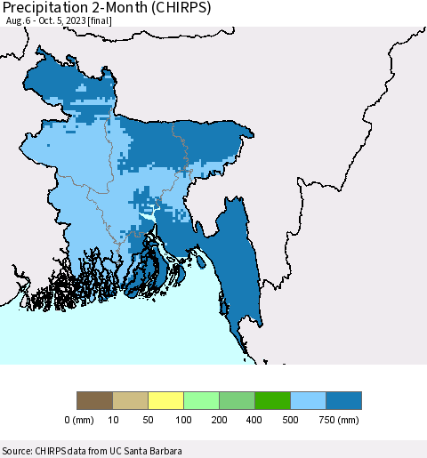 Bangladesh Precipitation 2-Month (CHIRPS) Thematic Map For 8/6/2023 - 10/5/2023