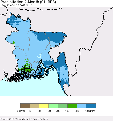Bangladesh Precipitation 2-Month (CHIRPS) Thematic Map For 8/11/2023 - 10/10/2023