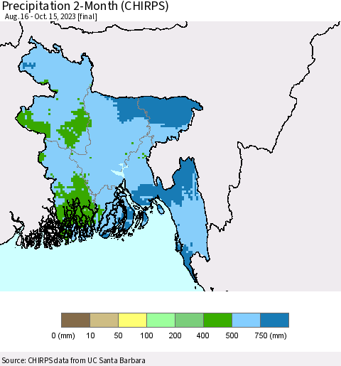 Bangladesh Precipitation 2-Month (CHIRPS) Thematic Map For 8/16/2023 - 10/15/2023