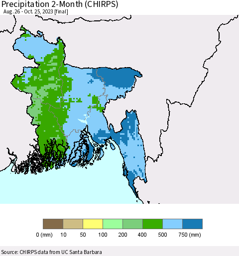 Bangladesh Precipitation 2-Month (CHIRPS) Thematic Map For 8/26/2023 - 10/25/2023