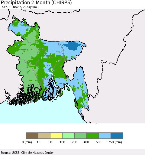 Bangladesh Precipitation 2-Month (CHIRPS) Thematic Map For 9/6/2023 - 11/5/2023