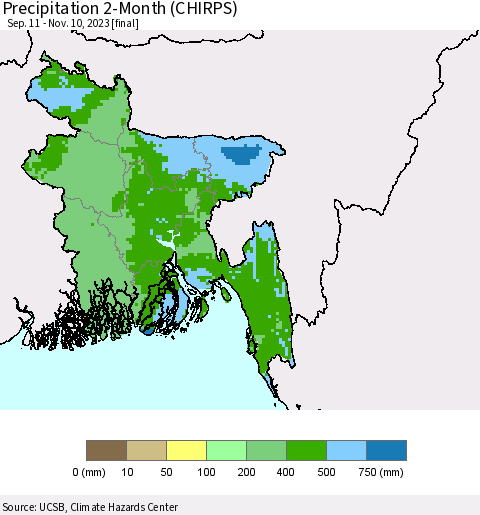 Bangladesh Precipitation 2-Month (CHIRPS) Thematic Map For 9/11/2023 - 11/10/2023