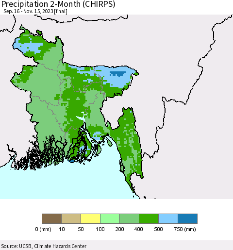 Bangladesh Precipitation 2-Month (CHIRPS) Thematic Map For 9/16/2023 - 11/15/2023