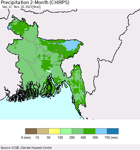 Bangladesh Precipitation 2-Month (CHIRPS) Thematic Map For 9/21/2023 - 11/20/2023