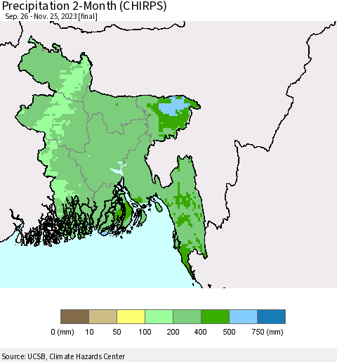 Bangladesh Precipitation 2-Month (CHIRPS) Thematic Map For 9/26/2023 - 11/25/2023