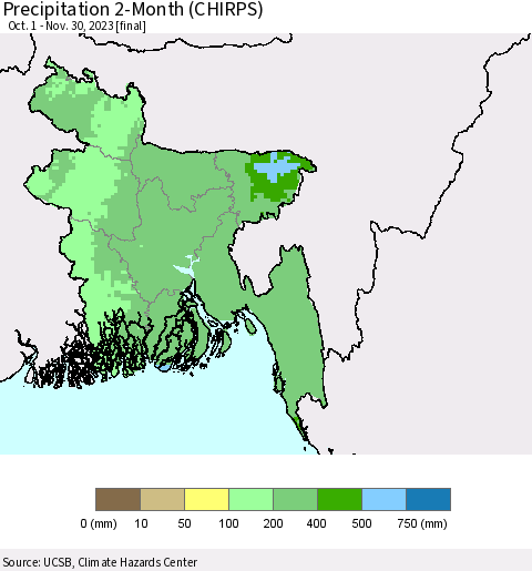Bangladesh Precipitation 2-Month (CHIRPS) Thematic Map For 10/1/2023 - 11/30/2023