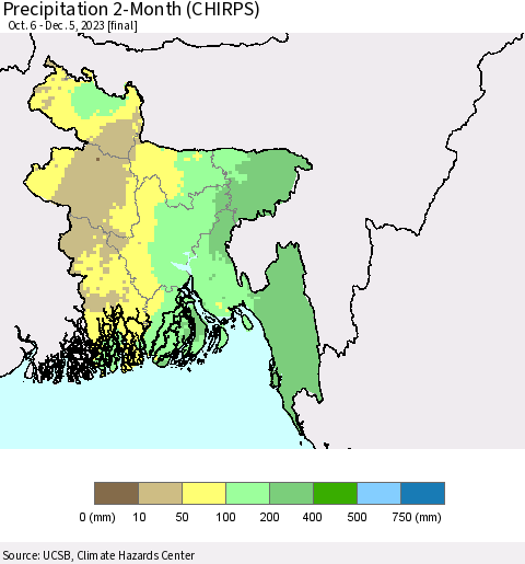 Bangladesh Precipitation 2-Month (CHIRPS) Thematic Map For 10/6/2023 - 12/5/2023