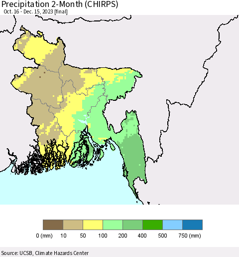 Bangladesh Precipitation 2-Month (CHIRPS) Thematic Map For 10/16/2023 - 12/15/2023