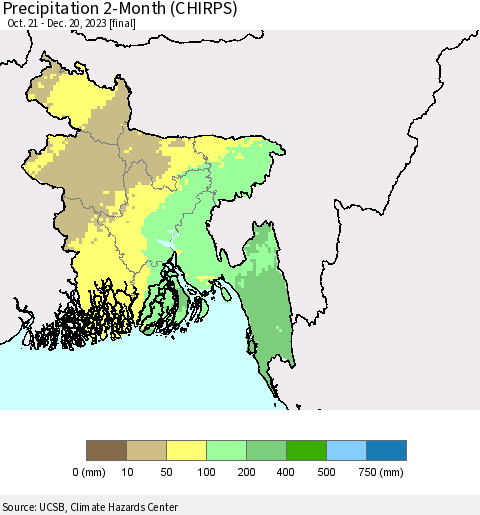 Bangladesh Precipitation 2-Month (CHIRPS) Thematic Map For 10/21/2023 - 12/20/2023