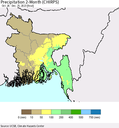 Bangladesh Precipitation 2-Month (CHIRPS) Thematic Map For 10/26/2023 - 12/25/2023