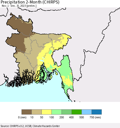 Bangladesh Precipitation 2-Month (CHIRPS) Thematic Map For 11/1/2023 - 12/31/2023