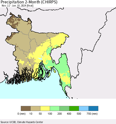 Bangladesh Precipitation 2-Month (CHIRPS) Thematic Map For 11/11/2023 - 1/10/2024