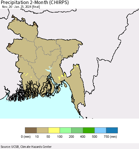 Bangladesh Precipitation 2-Month (CHIRPS) Thematic Map For 11/26/2023 - 1/25/2024