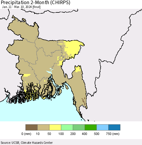 Bangladesh Precipitation 2-Month (CHIRPS) Thematic Map For 1/11/2024 - 3/10/2024