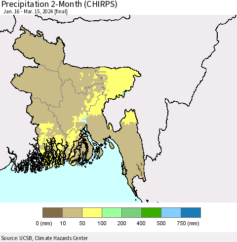 Bangladesh Precipitation 2-Month (CHIRPS) Thematic Map For 1/16/2024 - 3/15/2024