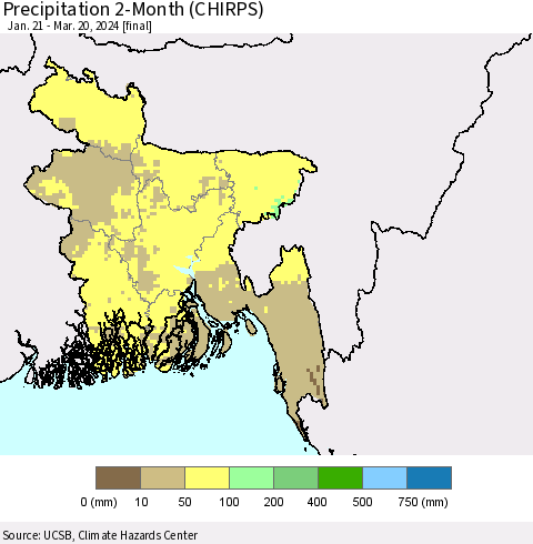 Bangladesh Precipitation 2-Month (CHIRPS) Thematic Map For 1/21/2024 - 3/20/2024