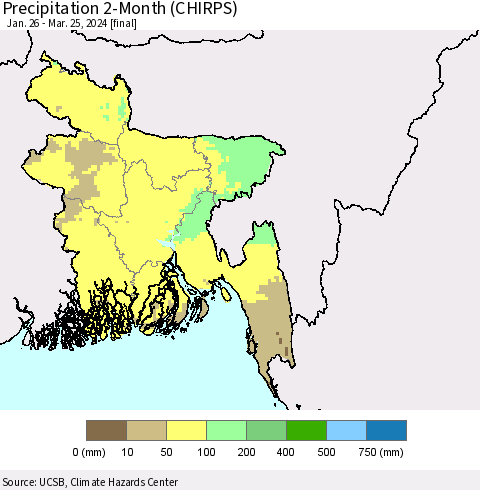Bangladesh Precipitation 2-Month (CHIRPS) Thematic Map For 1/26/2024 - 3/25/2024