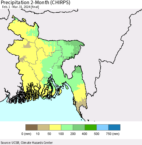 Bangladesh Precipitation 2-Month (CHIRPS) Thematic Map For 2/1/2024 - 3/31/2024