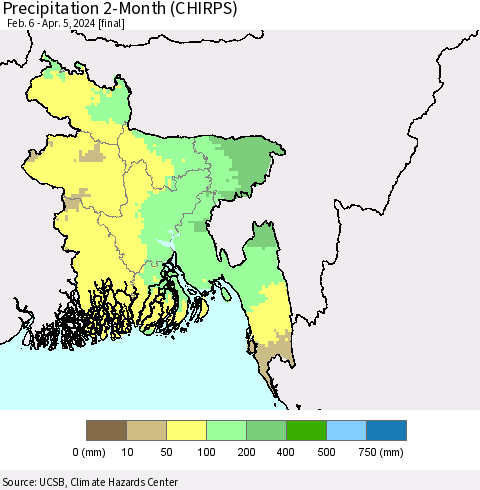 Bangladesh Precipitation 2-Month (CHIRPS) Thematic Map For 2/6/2024 - 4/5/2024