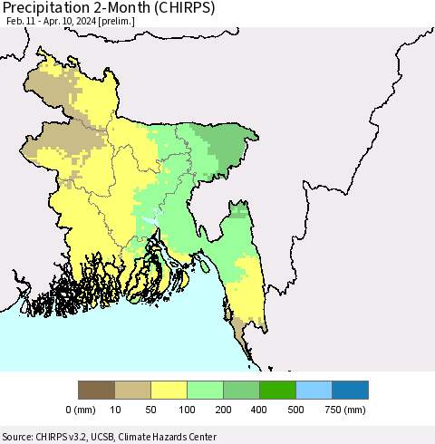 Bangladesh Precipitation 2-Month (CHIRPS) Thematic Map For 2/11/2024 - 4/10/2024