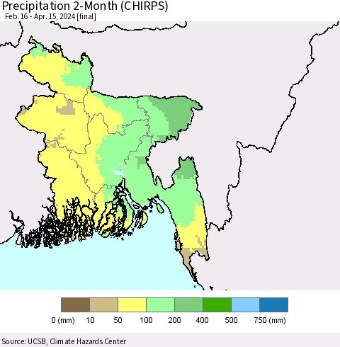Bangladesh Precipitation 2-Month (CHIRPS) Thematic Map For 2/16/2024 - 4/15/2024