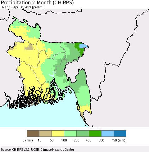 Bangladesh Precipitation 2-Month (CHIRPS) Thematic Map For 3/1/2024 - 4/30/2024