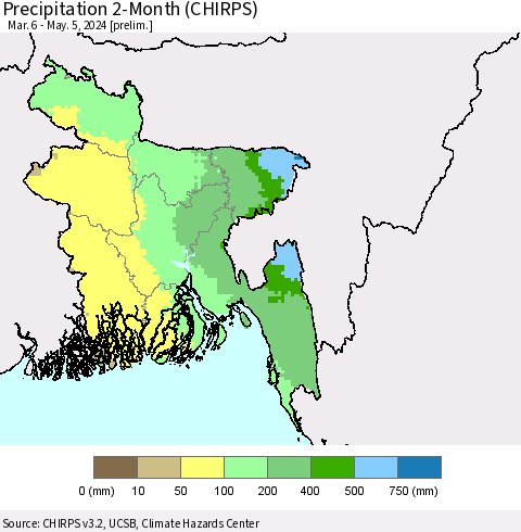 Bangladesh Precipitation 2-Month (CHIRPS) Thematic Map For 3/6/2024 - 5/5/2024