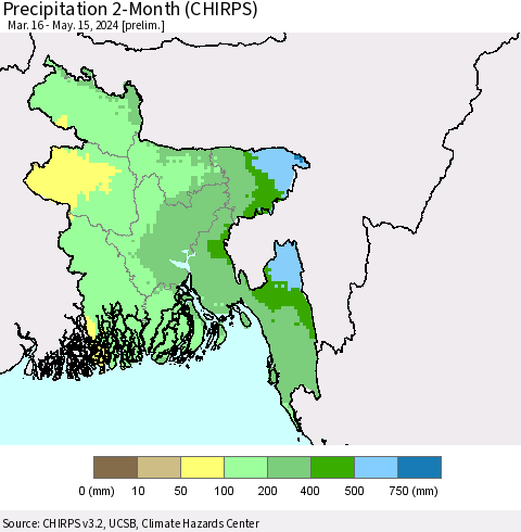 Bangladesh Precipitation 2-Month (CHIRPS) Thematic Map For 3/16/2024 - 5/15/2024