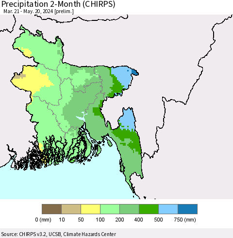 Bangladesh Precipitation 2-Month (CHIRPS) Thematic Map For 3/21/2024 - 5/20/2024