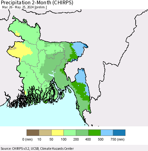 Bangladesh Precipitation 2-Month (CHIRPS) Thematic Map For 3/26/2024 - 5/25/2024
