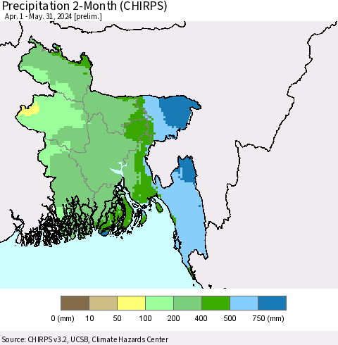 Bangladesh Precipitation 2-Month (CHIRPS) Thematic Map For 4/1/2024 - 5/31/2024