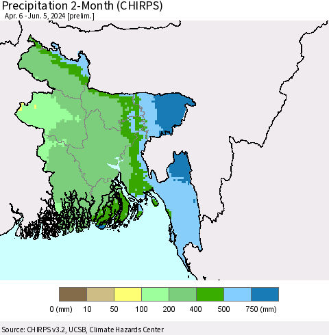 Bangladesh Precipitation 2-Month (CHIRPS) Thematic Map For 4/6/2024 - 6/5/2024