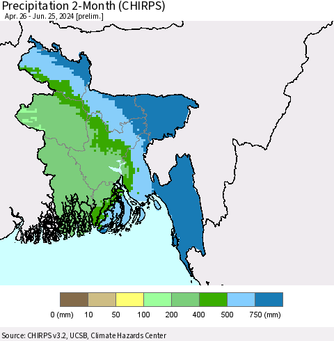 Bangladesh Precipitation 2-Month (CHIRPS) Thematic Map For 4/26/2024 - 6/25/2024
