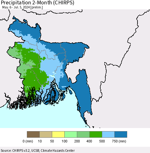 Bangladesh Precipitation 2-Month (CHIRPS) Thematic Map For 5/6/2024 - 7/5/2024
