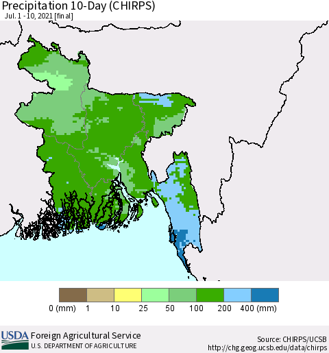 Bangladesh Precipitation 10-Day (CHIRPS) Thematic Map For 7/1/2021 - 7/10/2021