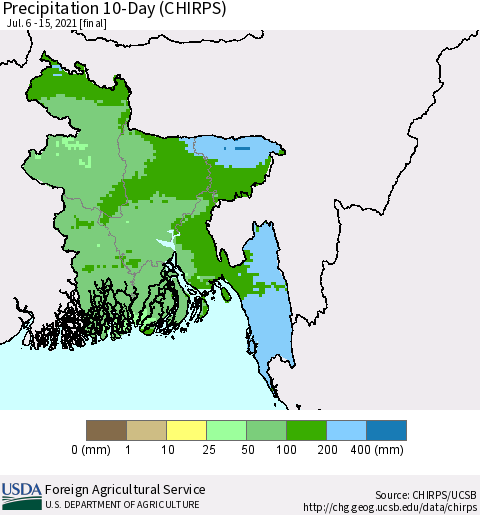 Bangladesh Precipitation 10-Day (CHIRPS) Thematic Map For 7/6/2021 - 7/15/2021