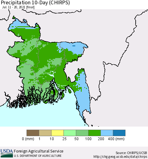 Bangladesh Precipitation 10-Day (CHIRPS) Thematic Map For 7/11/2021 - 7/20/2021