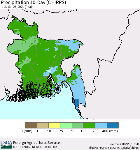 Bangladesh Precipitation 10-Day (CHIRPS) Thematic Map For 7/16/2021 - 7/25/2021
