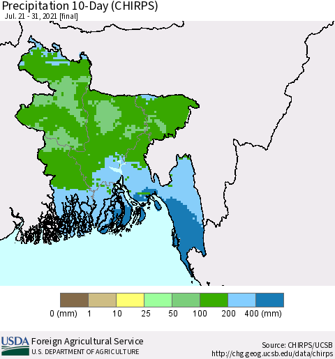 Bangladesh Precipitation 10-Day (CHIRPS) Thematic Map For 7/21/2021 - 7/31/2021
