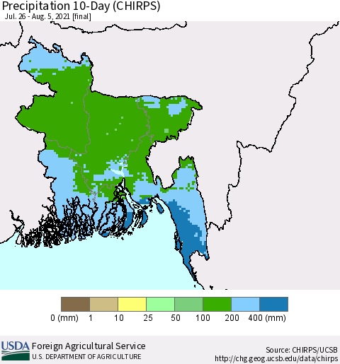 Bangladesh Precipitation 10-Day (CHIRPS) Thematic Map For 7/26/2021 - 8/5/2021