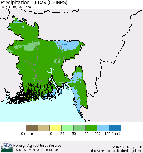 Bangladesh Precipitation 10-Day (CHIRPS) Thematic Map For 8/1/2021 - 8/10/2021