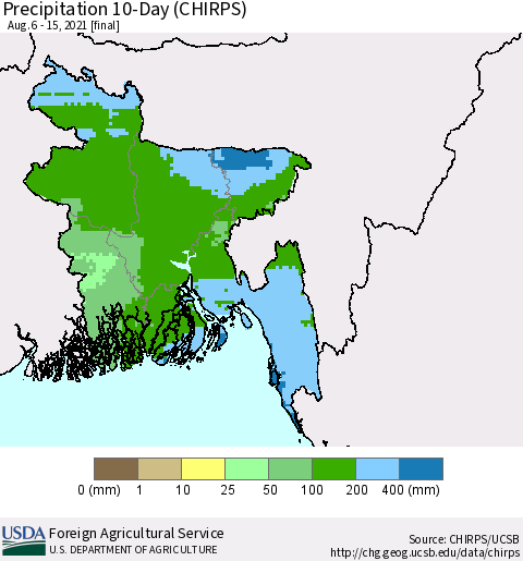 Bangladesh Precipitation 10-Day (CHIRPS) Thematic Map For 8/6/2021 - 8/15/2021