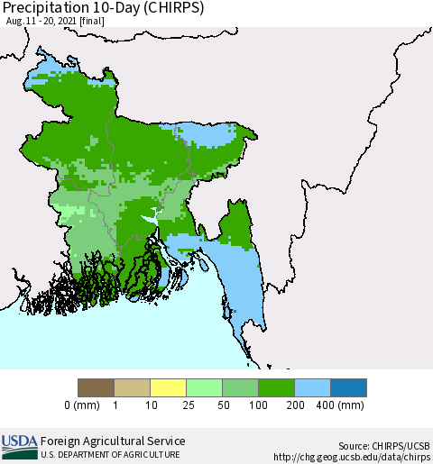 Bangladesh Precipitation 10-Day (CHIRPS) Thematic Map For 8/11/2021 - 8/20/2021